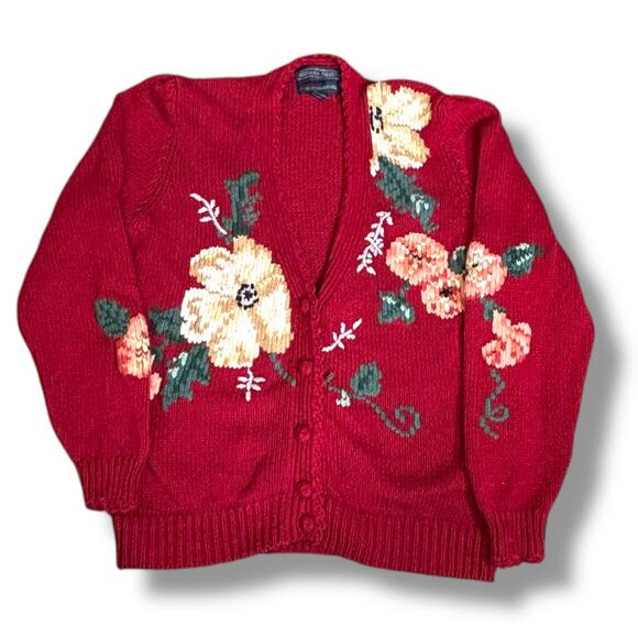 Vintage 90s Herman Geist Hand Embroidered Dark Floral Knit Cardigan Sweater Red - Picture 1 of 9